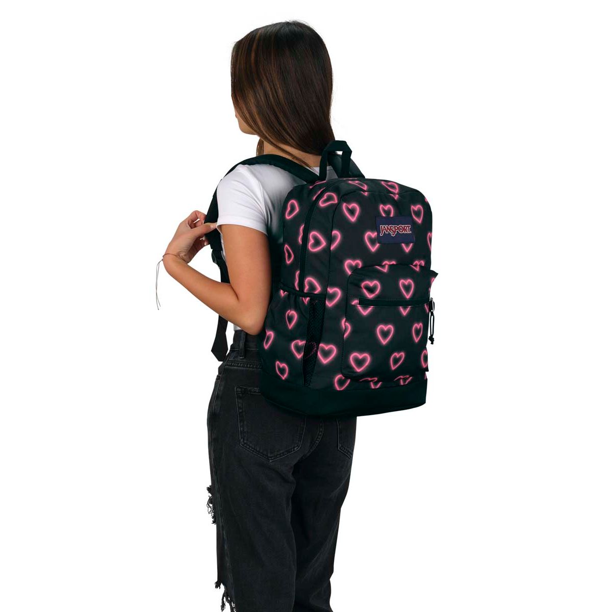JanSport Cross Town Plus Laptop Backpack - Happy Hearts Black