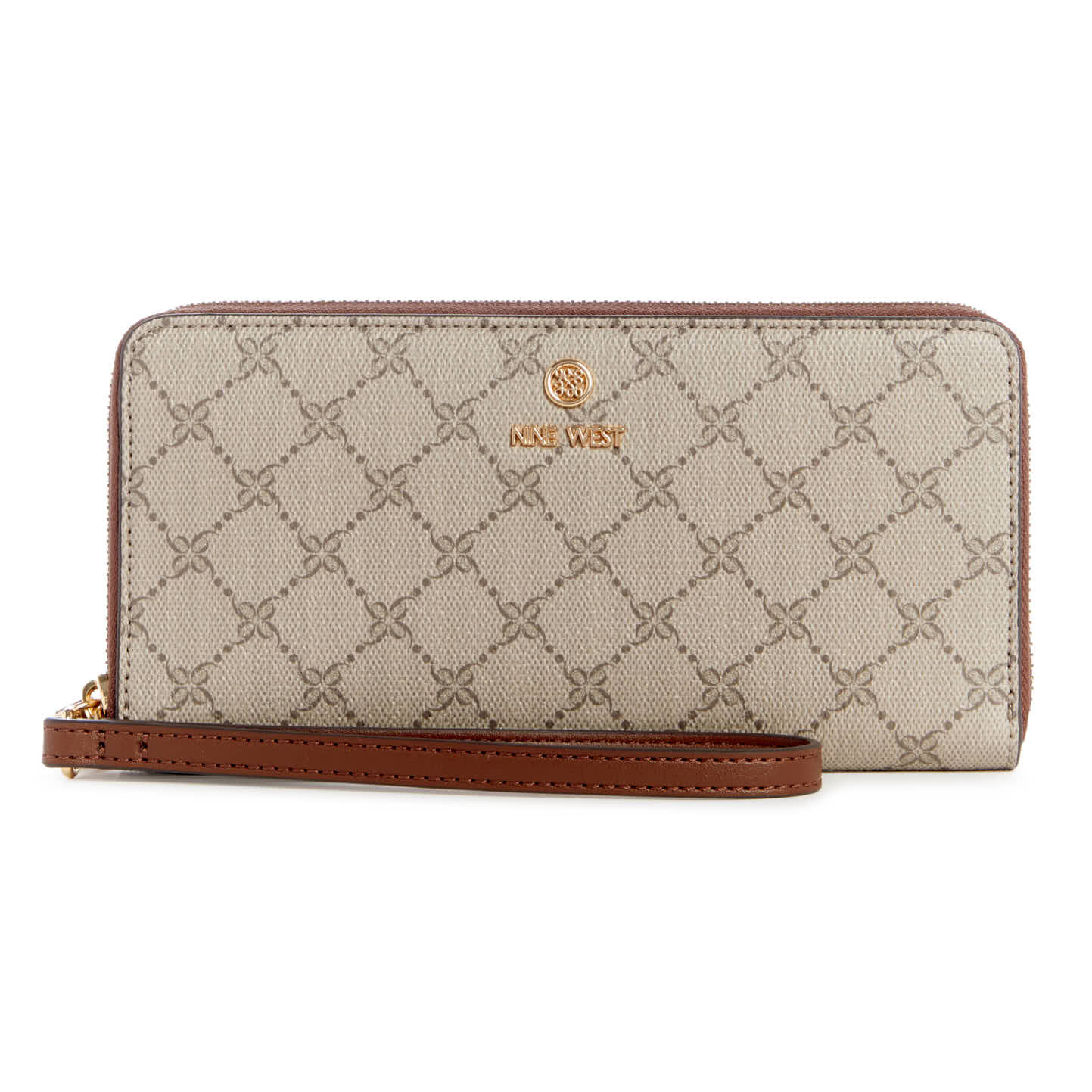 Nine West Lockup 9 Zip Around Wristlet Wallet - Beige Logo/Brown